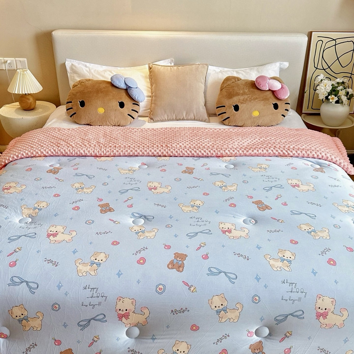 91家纺网 家纺一手货源 找家纺 兜米家居 2025新品秋冬母婴针织豆豆绒被纯手工包边卡通立体豆豆绒保暖被子被芯 喵喵