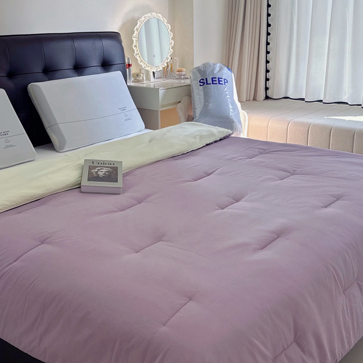 91家纺网 家纺一手货源 找家纺 兜米家居 2025新款某朵酒店同款秋冬保暖深睡控温被芯一体绗缝（不可拆卸） 气质紫