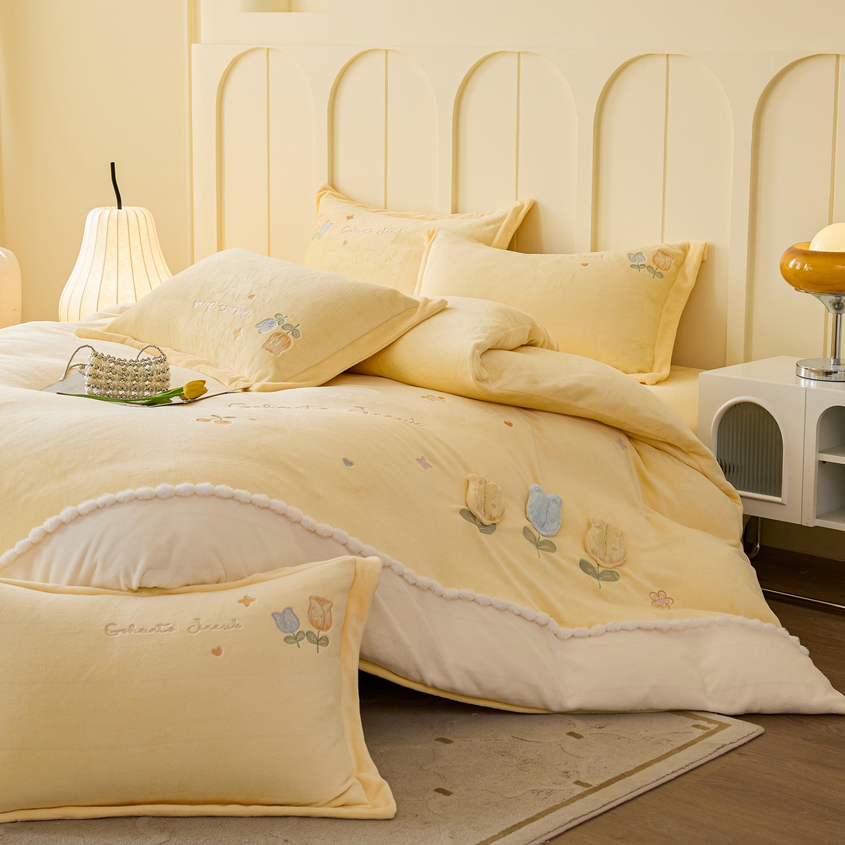 91家纺网 家纺一手货源 找家纺 （总）合欢（原天一阁） 2025新款A类高克重全消光韩版牛奶绒刺绣四件套-郁金香