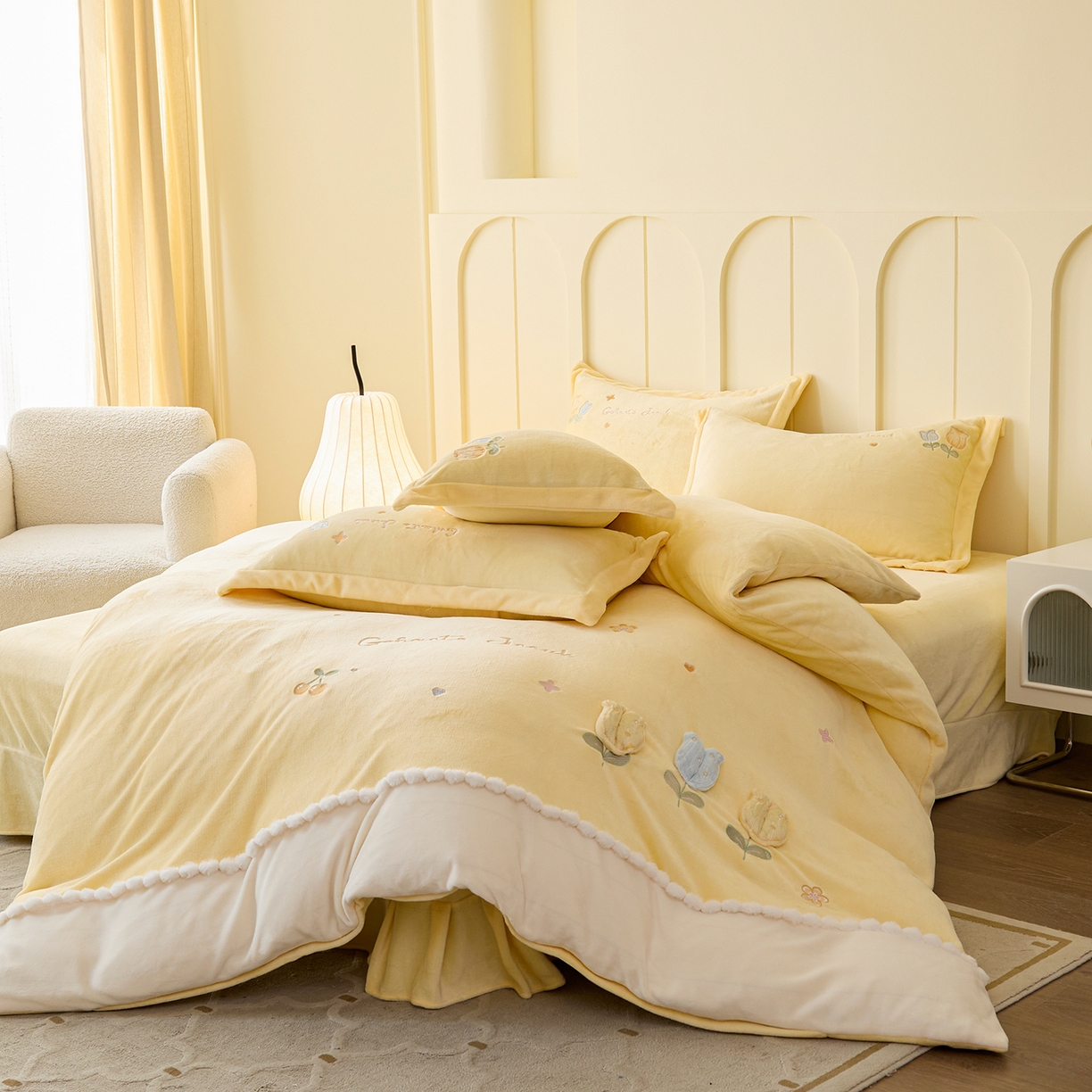 91家纺网 家纺一手货源 找家纺 （总）合欢（原天一阁） 2025新款A类高克重全消光韩版牛奶绒刺绣四件套-郁金香