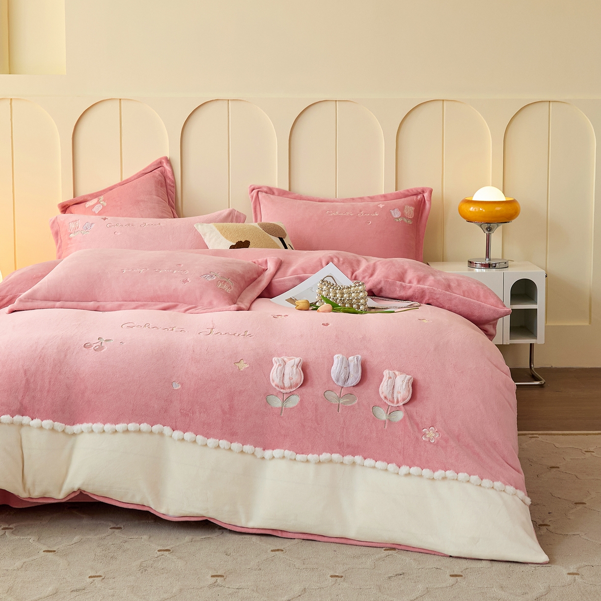 91家纺网 家纺一手货源 找家纺 合欢（原天一阁） 2025新款A类高克重全消光韩版牛奶绒刺绣四件套-郁金香 郁金香-豆沙