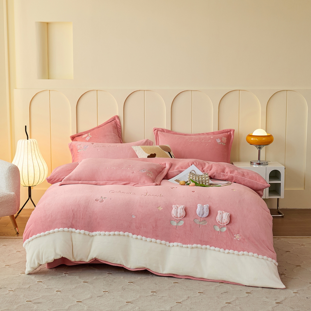 91家纺网 家纺一手货源 找家纺 合欢（原天一阁） 2025新款A类高克重全消光韩版牛奶绒刺绣四件套-郁金香 郁金香-豆沙