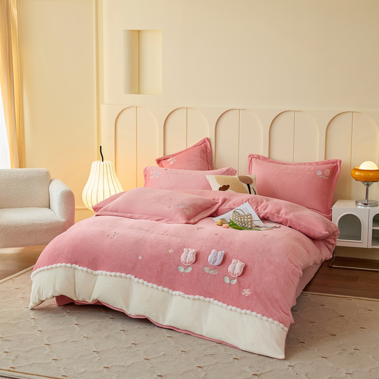 91家纺网 家纺一手货源 找家纺 合欢（原天一阁） 2025新款A类高克重全消光韩版牛奶绒刺绣四件套-郁金香 郁金香-豆沙