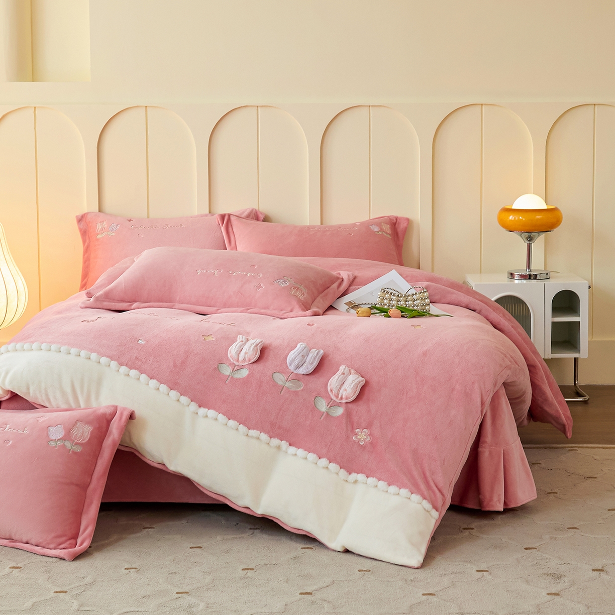 91家纺网 家纺一手货源 找家纺 合欢（原天一阁） 2025新款A类高克重全消光韩版牛奶绒刺绣四件套-郁金香 郁金香-豆沙