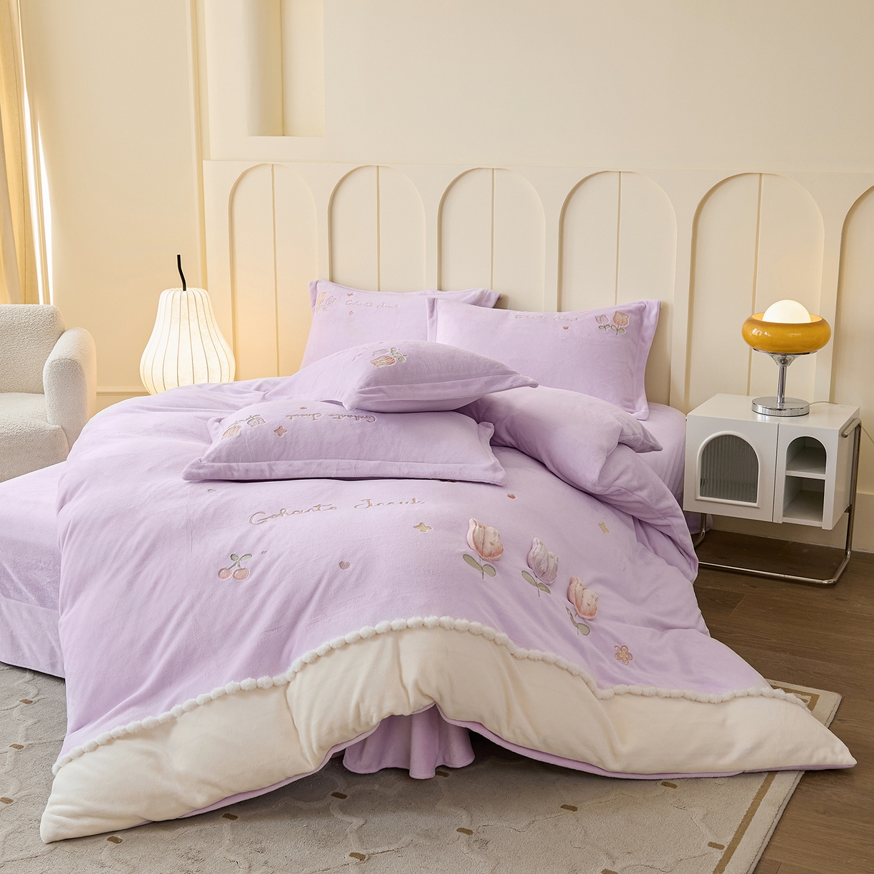 91家纺网 家纺一手货源 找家纺 合欢（原天一阁） 2025新款A类高克重全消光韩版牛奶绒刺绣四件套-郁金香 郁金香-优雅紫