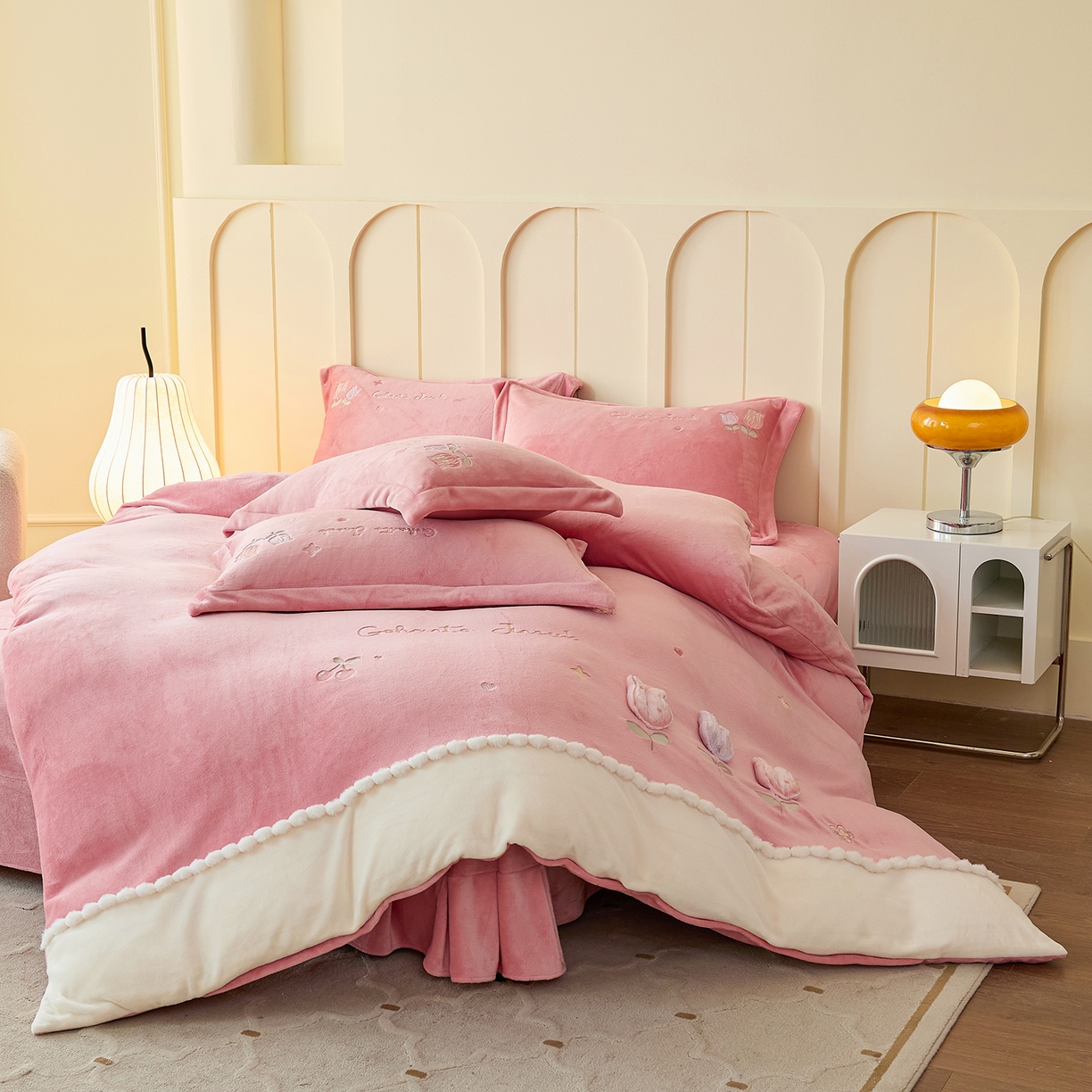 91家纺网 家纺一手货源 找家纺 合欢（原天一阁） 2025新款A类高克重全消光韩版牛奶绒刺绣四件套-郁金香 郁金香-豆沙