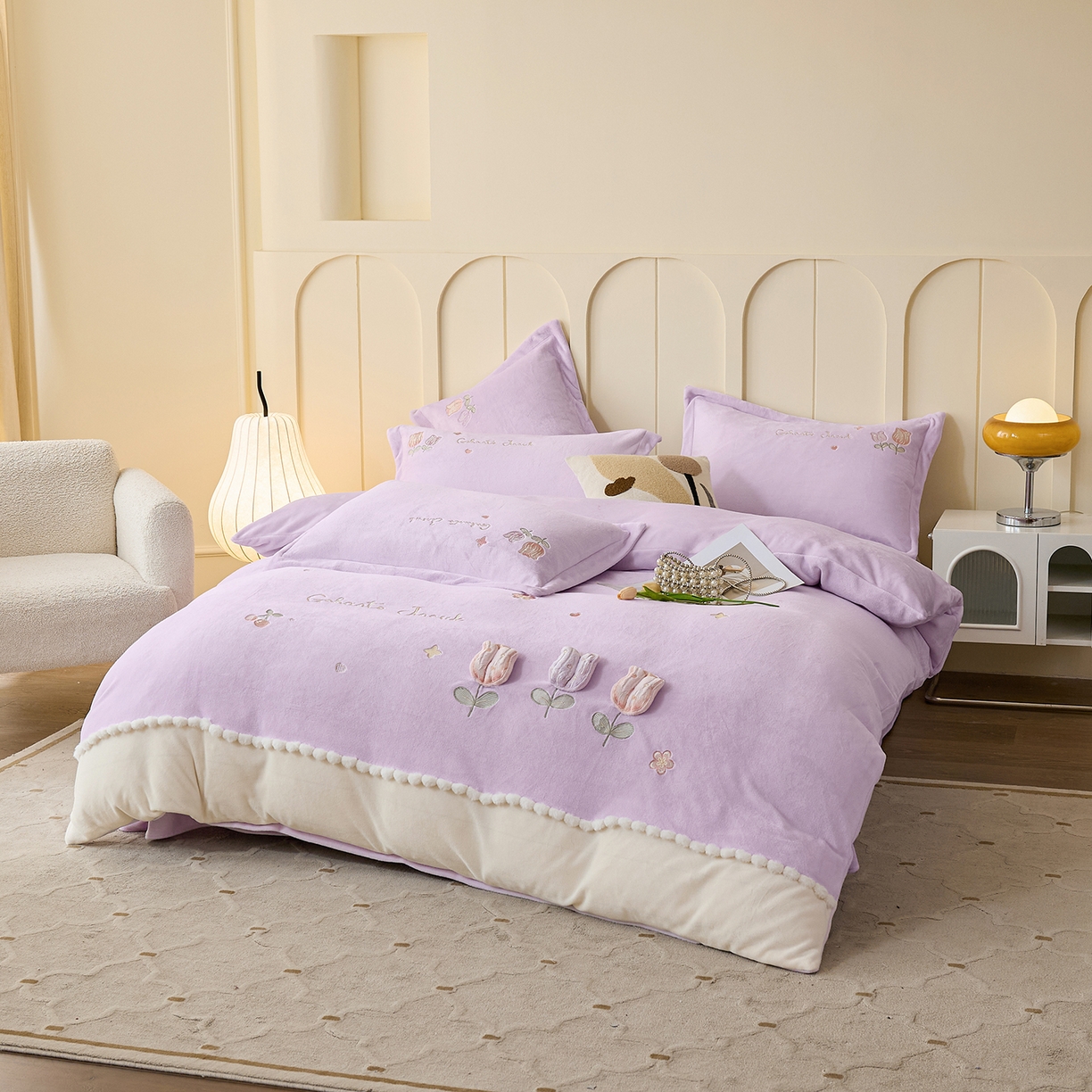 91家纺网 家纺一手货源 找家纺 合欢（原天一阁） 2025新款A类高克重全消光韩版牛奶绒刺绣四件套-郁金香 郁金香-优雅紫