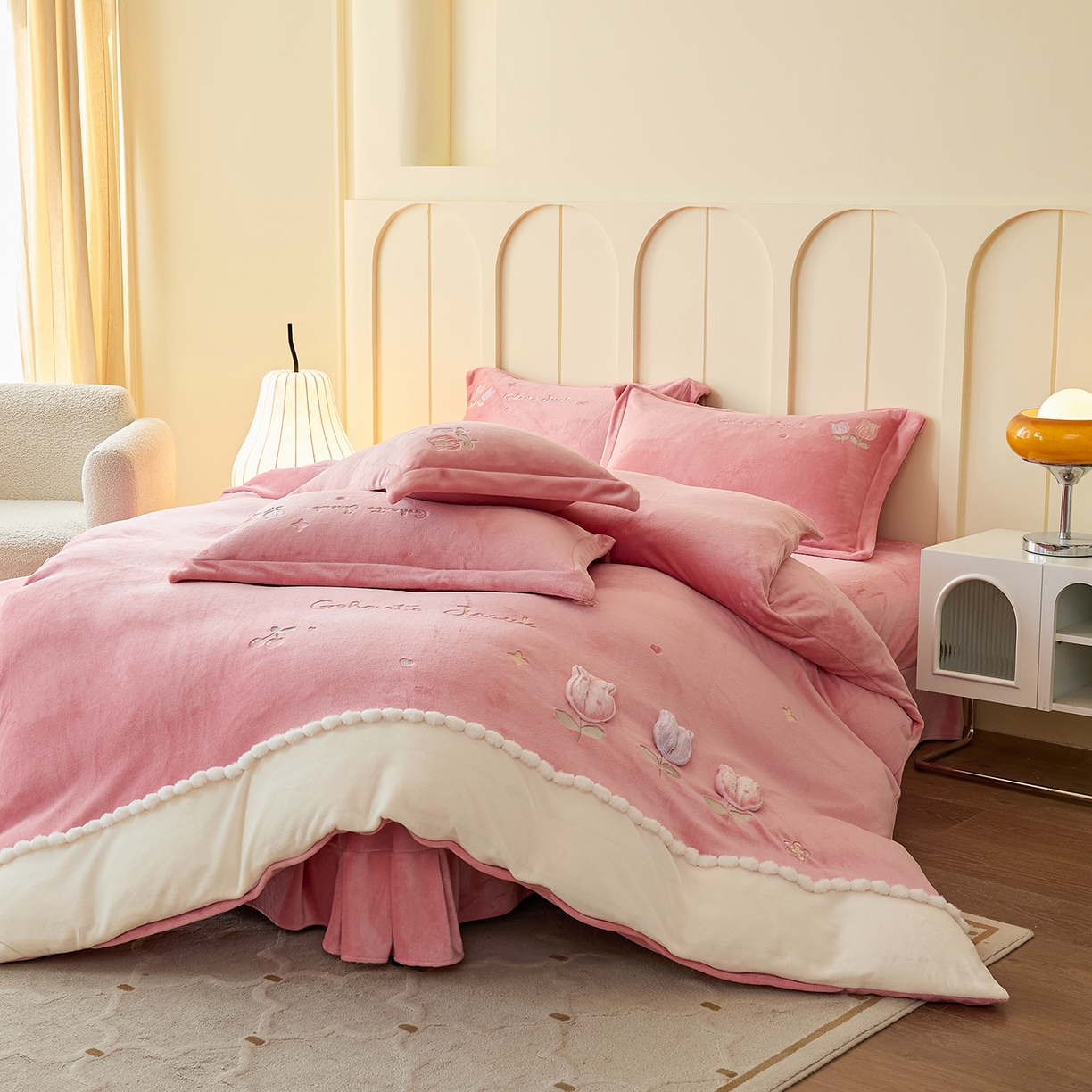 91家纺网 家纺一手货源 找家纺 合欢（原天一阁） 2025新款A类高克重全消光韩版牛奶绒刺绣四件套-郁金香 郁金香-豆沙