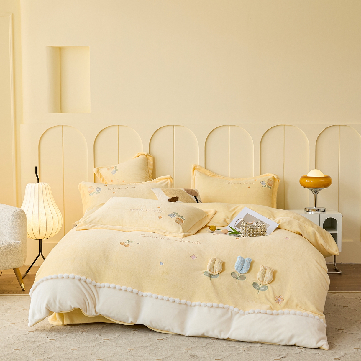 91家纺网 家纺一手货源 找家纺 合欢（原天一阁） 2025新款A类高克重全消光韩版牛奶绒刺绣四件套-郁金香 郁金香-奶油黄