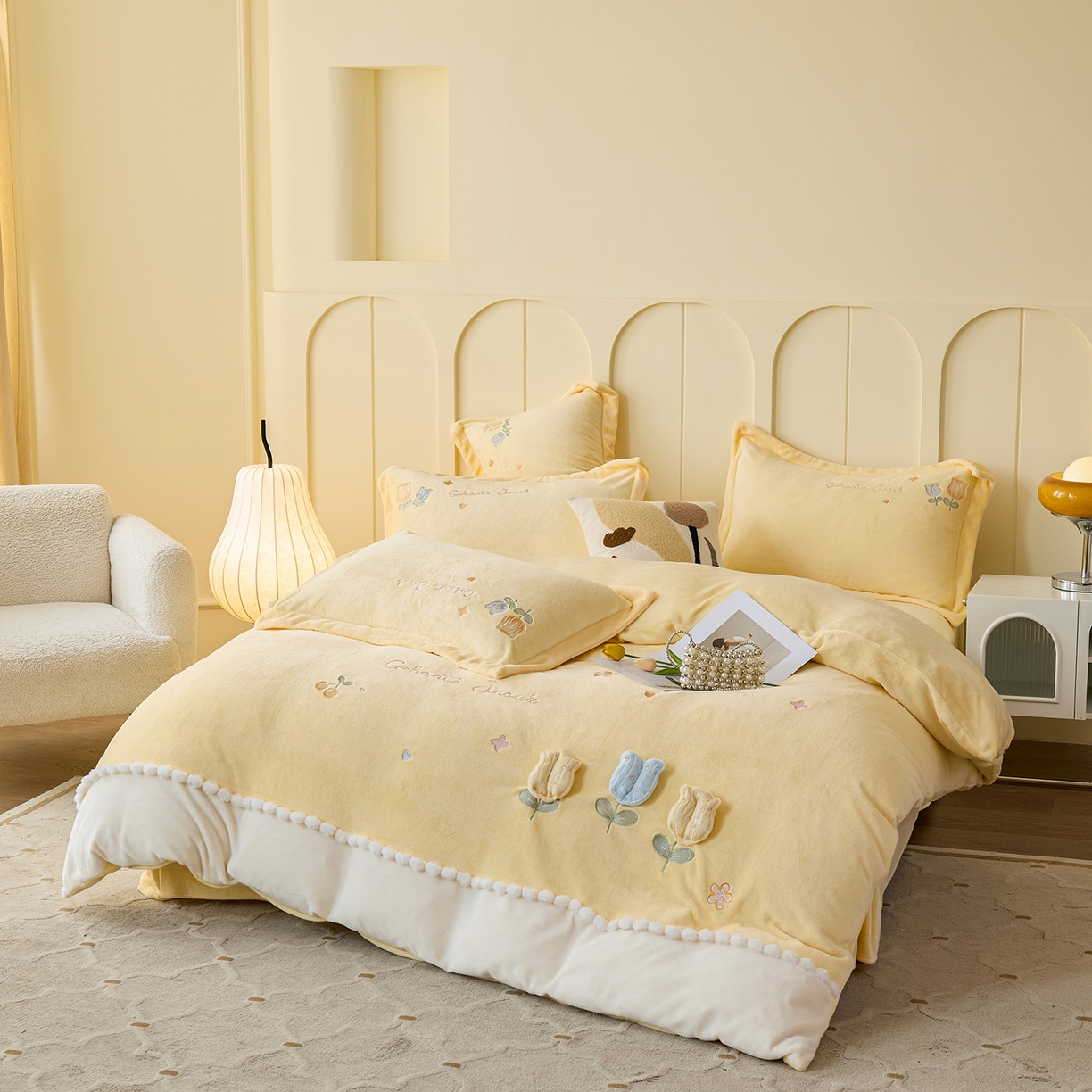 91家纺网 家纺一手货源 找家纺 合欢（原天一阁） 2025新款A类高克重全消光韩版牛奶绒刺绣四件套-郁金香 郁金香-奶油黄