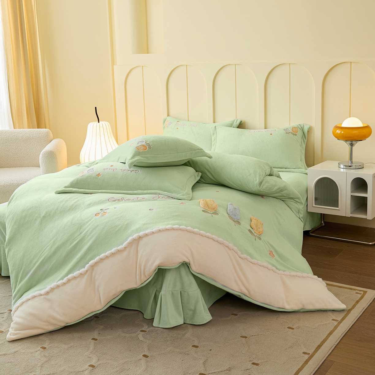 91家纺网 家纺一手货源 找家纺 合欢（原天一阁） 2025新款A类高克重全消光韩版牛奶绒刺绣四件套-郁金香 郁金香-嫩绿