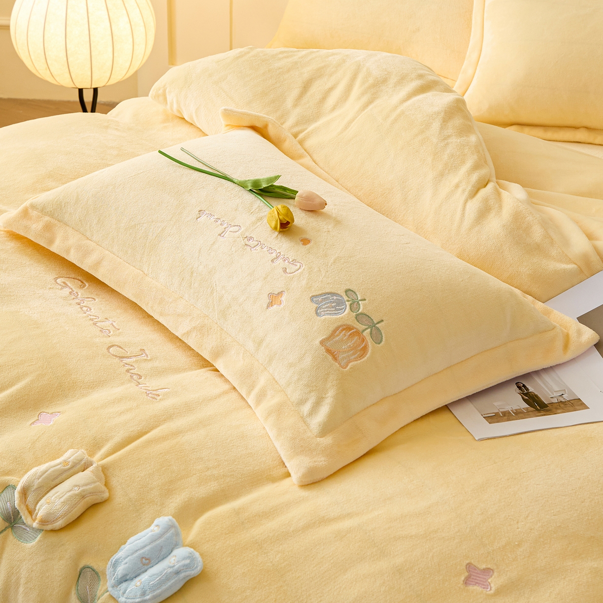 91家纺网 家纺一手货源 找家纺 （总）合欢（原天一阁） 2025新款A类高克重全消光韩版牛奶绒刺绣四件套-郁金香