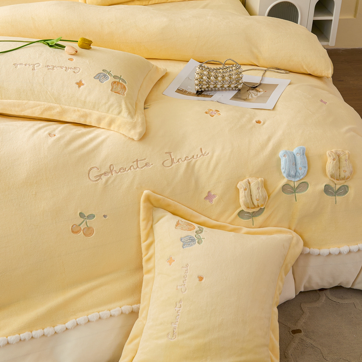 91家纺网 家纺一手货源 找家纺 合欢（原天一阁） 2025新款A类高克重全消光韩版牛奶绒刺绣四件套-郁金香 郁金香-奶油黄