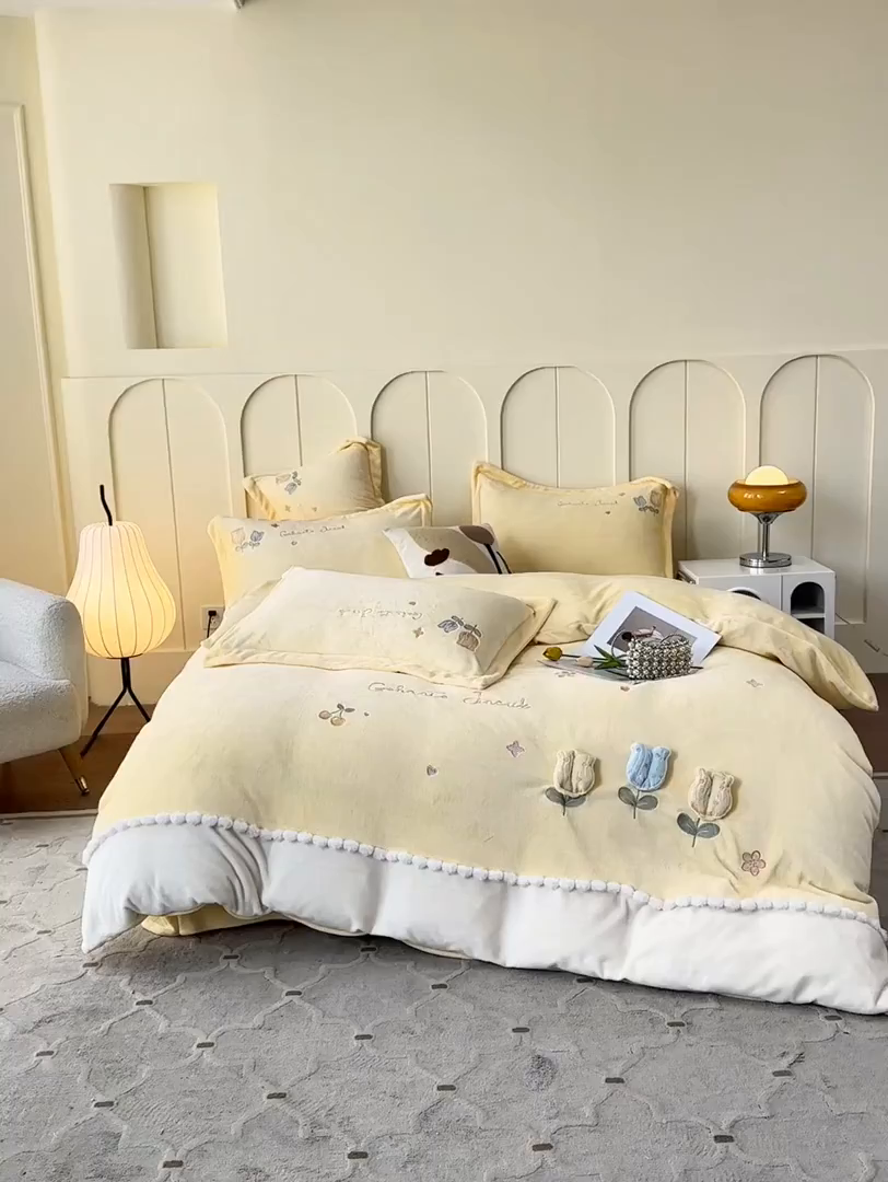 91家纺网 家纺一手货源 找家纺 （总）合欢（原天一阁） 2025新款A类高克重全消光韩版牛奶绒刺绣四件套-郁金香