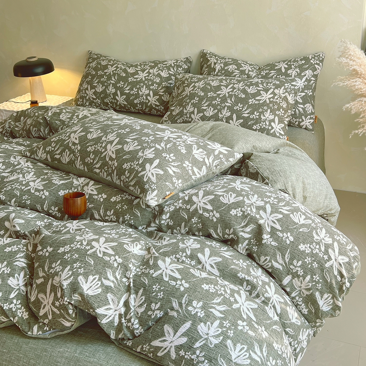 灿哈家纺 2025新款高克重复古风亚麻原麻水洗棉四件套-风格三 绿茵