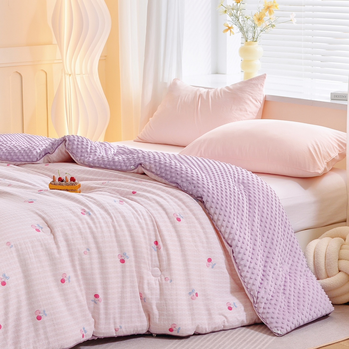 91家纺网 家纺一手货源 找家纺 玖琳家纺 2025新款特价双层纱豆豆被全尺寸 浅樱啵啵