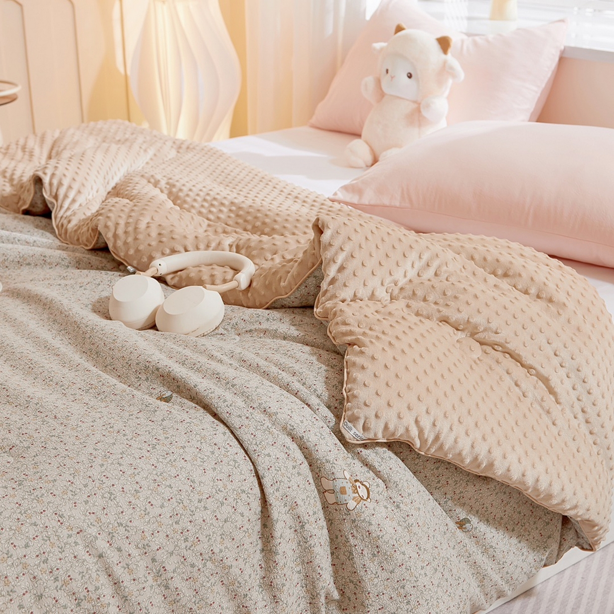 91家纺网 家纺一手货源 找家纺 玖琳家纺 2025新款特价双层纱豆豆被全尺寸 原宿小熊