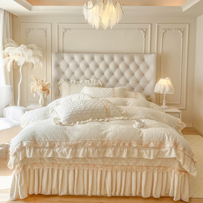 91家纺网 家纺一手货源 找家纺 （总）瑞宝 2025新款雕花牛奶绒花边夹棉床盖四件套-云梦