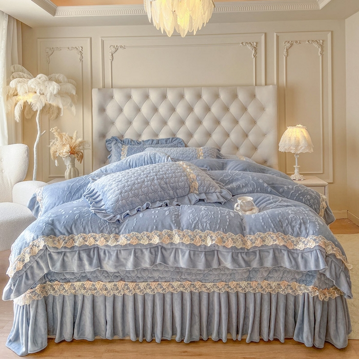 瑞宝 2025新款雕花牛奶绒花边夹棉床盖四件套-云梦 云梦-靛蓝