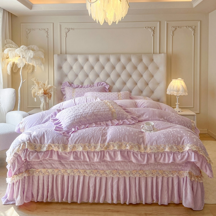 瑞宝 2025新款雕花牛奶绒花边夹棉床盖四件套-云梦 云梦-雾紫