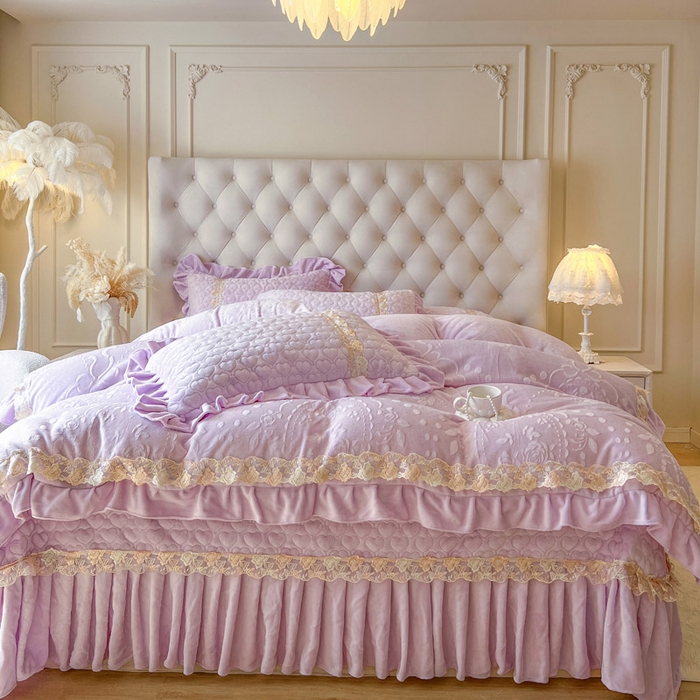 91家纺网 家纺一手货源 找家纺 瑞宝 2025新款雕花牛奶绒花边夹棉床盖四件套-云梦 云梦-雾紫