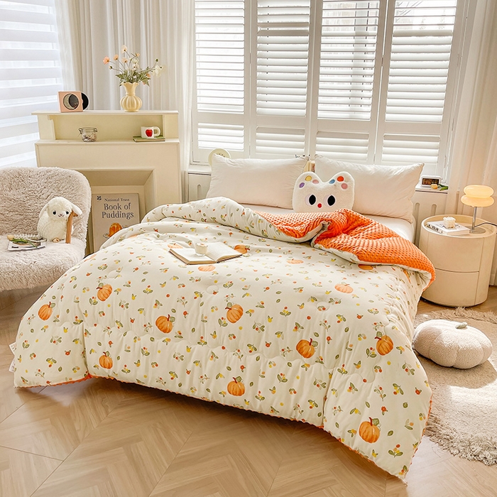 91家纺网 家纺一手货源 找家纺 鑫缘家纺 2025新款亲肤舒适豆豆绒双面大豆被被子被芯 可爱南瓜