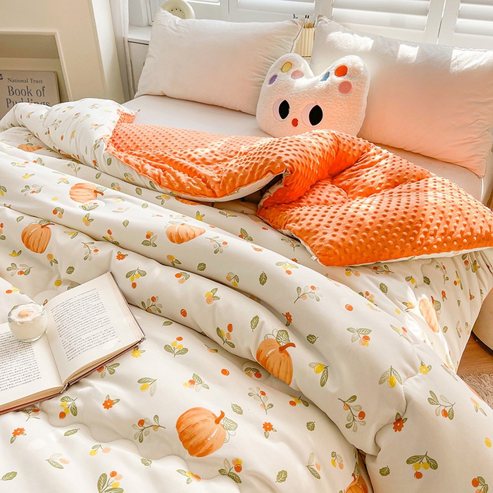 91家纺网 家纺一手货源 找家纺 鑫缘家纺 2025新款亲肤舒适豆豆绒双面大豆被被子被芯 可爱南瓜