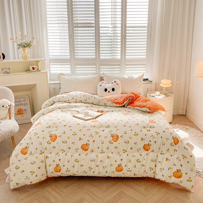 91家纺网 家纺一手货源 找家纺 鑫缘家纺 2025新款亲肤舒适豆豆绒双面大豆被被子被芯 可爱南瓜