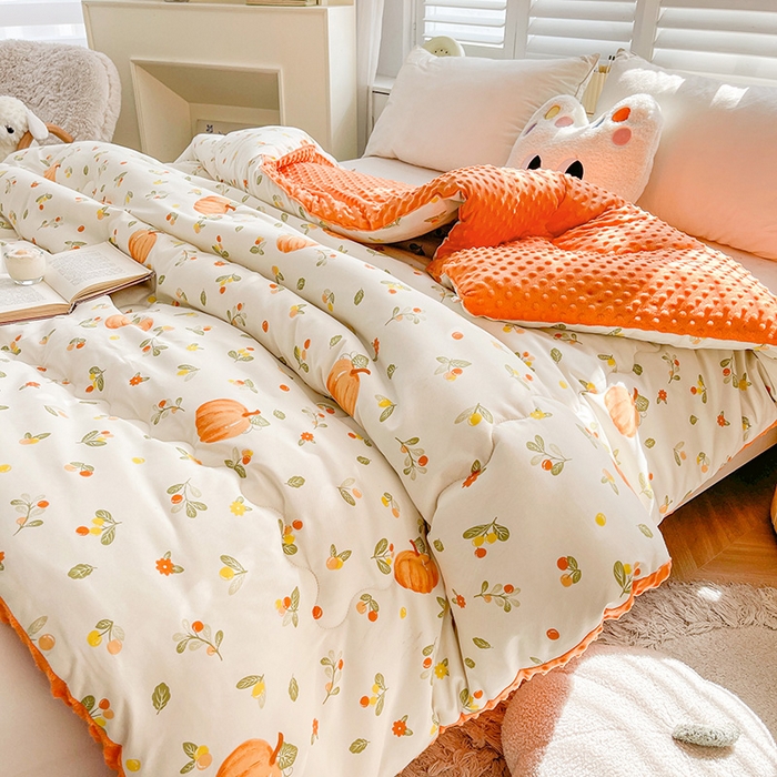 91家纺网 家纺一手货源 找家纺 鑫缘家纺 2025新款亲肤舒适豆豆绒双面大豆被被子被芯 可爱南瓜