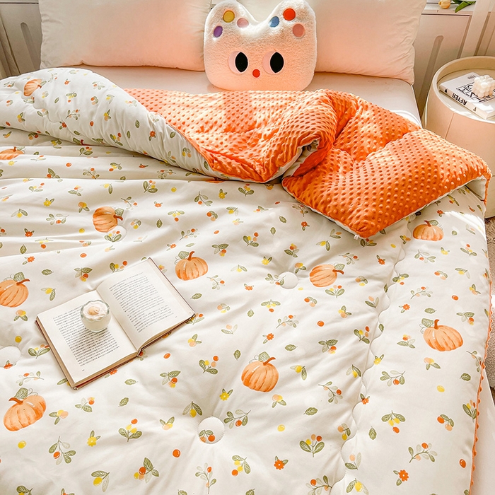 91家纺网 家纺一手货源 找家纺 鑫缘家纺 2025新款亲肤舒适豆豆绒双面大豆被被子被芯 可爱南瓜