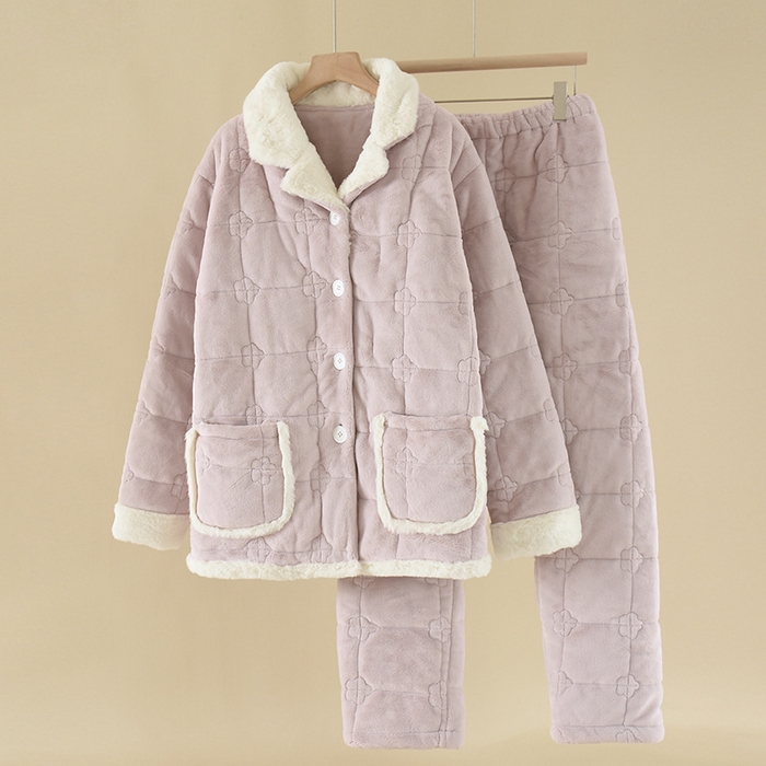 （总）洛兰沙家居馆 2025秋冬新款三层夹棉三色加厚睡衣女家居服秋冬季法兰绒翻领套装可外穿保暖家居服