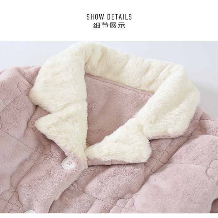 91家纺网 家纺一手货源 找家纺 洛兰沙家居馆 2025秋冬新款三层夹棉三色加厚睡衣女家居服秋冬季法兰绒翻领套装可外穿保暖家居服 粉色