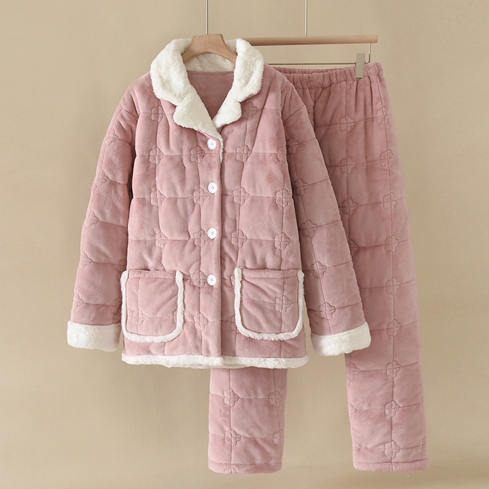 洛兰沙家居馆 2025秋冬新款三层夹棉三色加厚睡衣女家居服秋冬季法兰绒翻领套装可外穿保暖家居服 豆沙