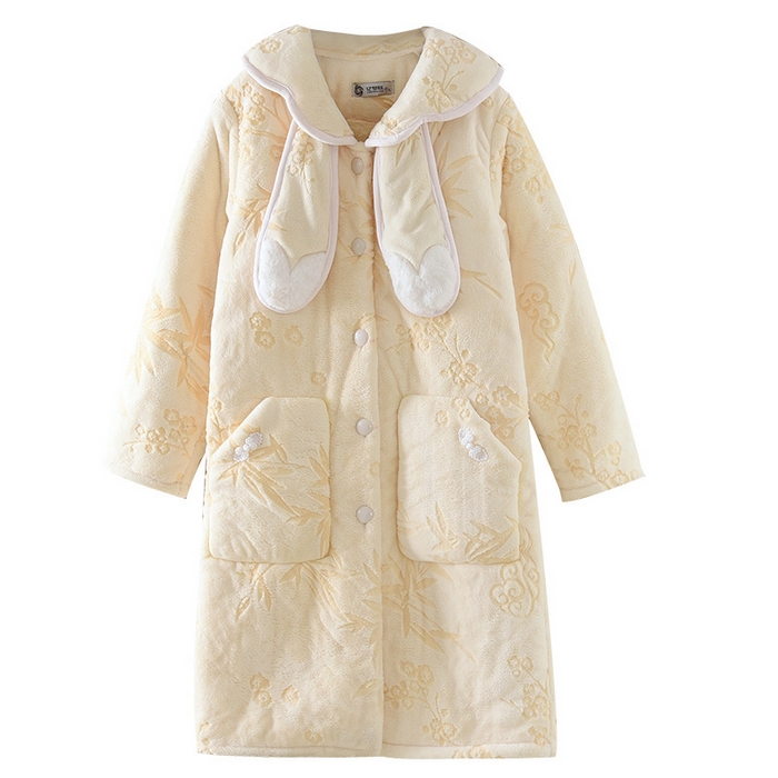 91家纺网 家纺一手货源 找家纺 洛兰沙家居馆 2025秋冬新款只代发睡袍女冬天三层夹棉保暖加厚加绒冬季珊瑚绒浴袍家居服一件代发 黄色