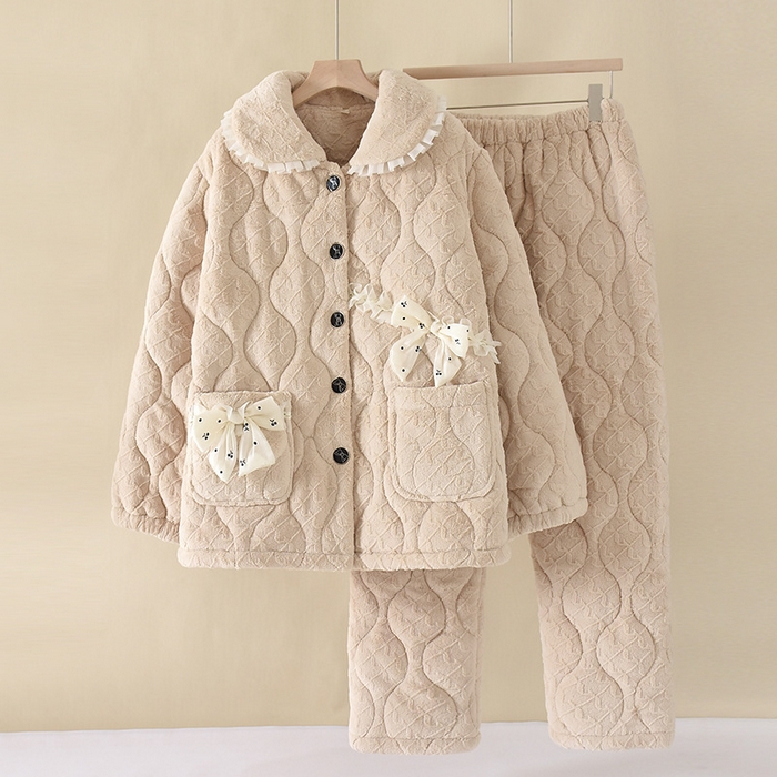 （总）洛兰沙家居馆 2025秋冬新款只代发米色娃娃领加厚睡衣法兰绒夹棉加绒套装秋冬珊瑚绒家居服一件代