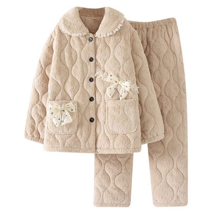 91家纺网 家纺一手货源 找家纺 （总）洛兰沙家居馆 2025秋冬新款只代发米色娃娃领加厚睡衣法兰绒夹棉加绒套装秋冬珊瑚绒家居服一件代