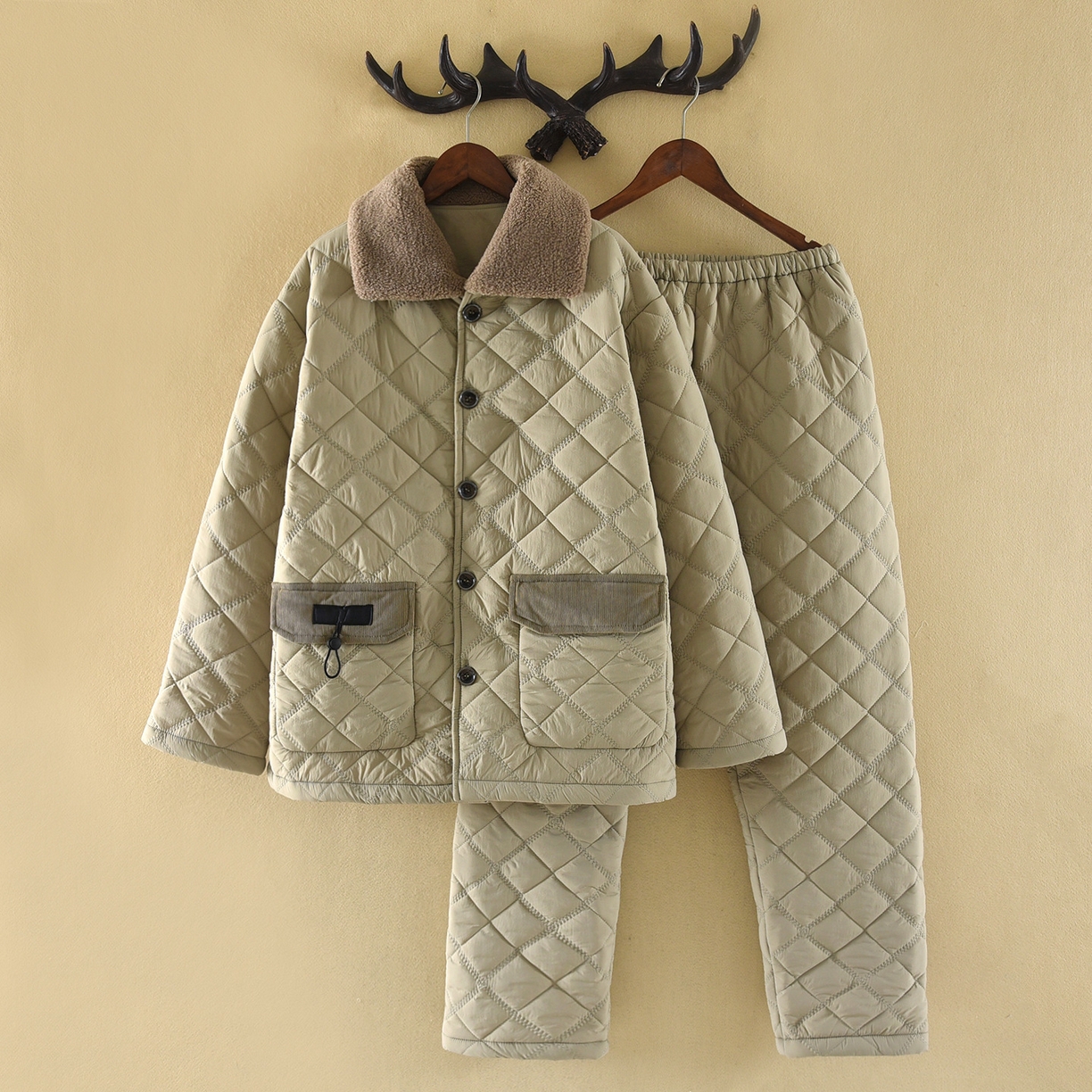 洛兰沙家居馆 2025新款只代发新款防风防水梭织夹棉睡衣男冬季三层加厚保暖轻盈不臃肿冬天抗风抗 绿色