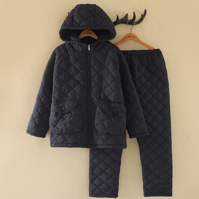 洛兰沙家居馆 2025新款【防风防水】新款轻盈保暖情侣夹棉睡衣男冬季三层加厚女连帽家居服套装可 深灰