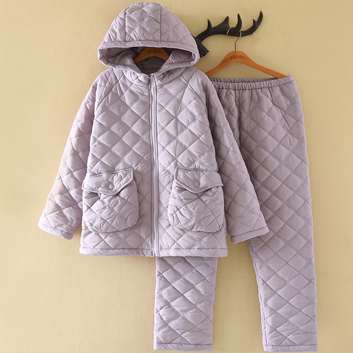 洛兰沙家居馆 2025新款【防风防水】新款轻盈保暖情侣夹棉睡衣男冬季三层加厚女连帽家居服套装可 紫色