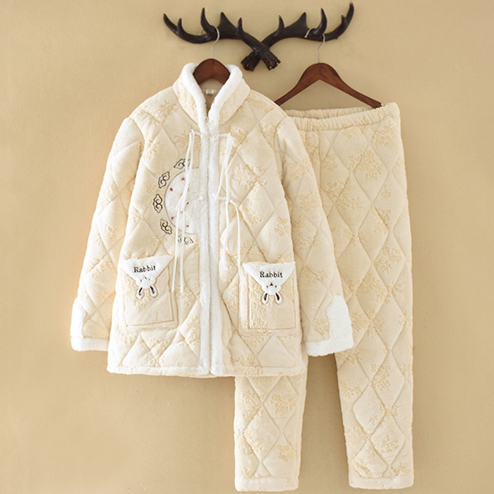 洛兰沙家居馆 2025新款只代发立领拉链睡衣女冬季毛领新中式中国风三层夹棉加厚时尚家居服套装 米色