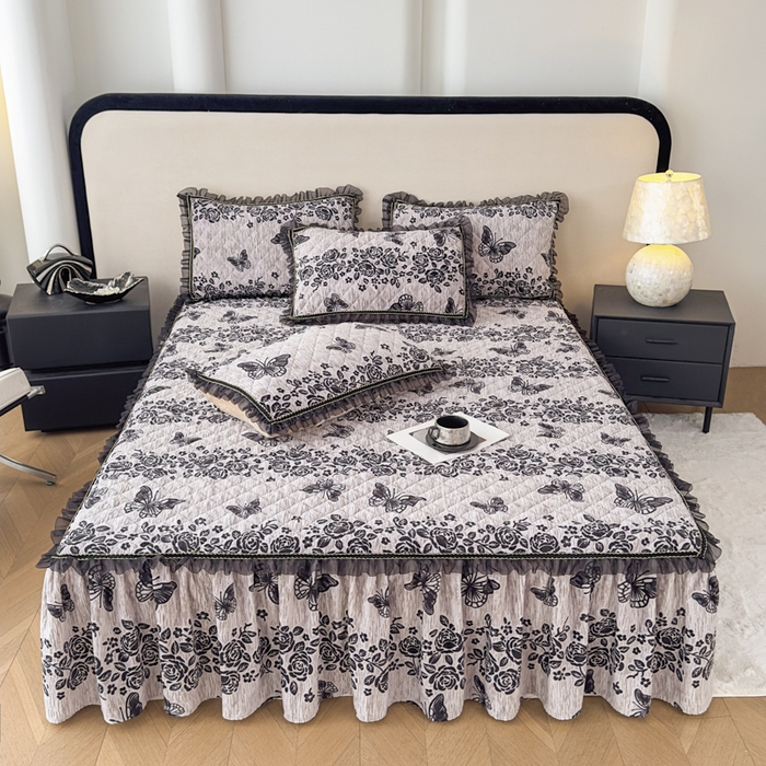 家之硕家纺 2025新款雕花牛奶绒床裙款三件套 梦蝶