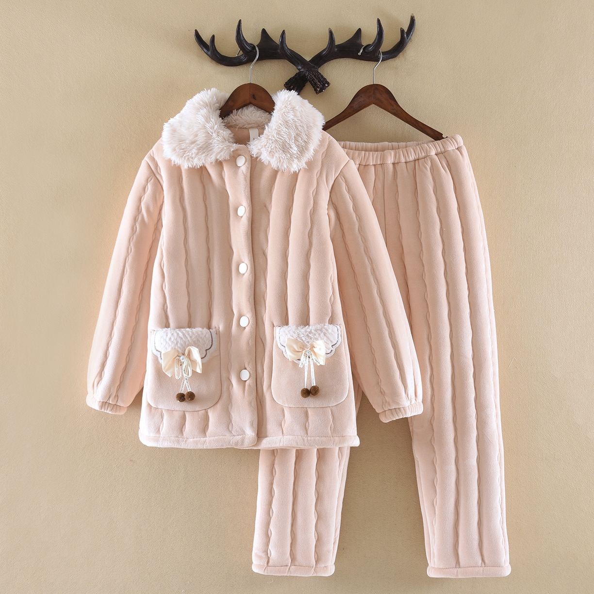 洛兰沙家居馆 2025新款只代发法兰绒女士加厚珊瑚绒加绒三层夹棉秋冬天睡衣女冬季家居服可外穿 粉色