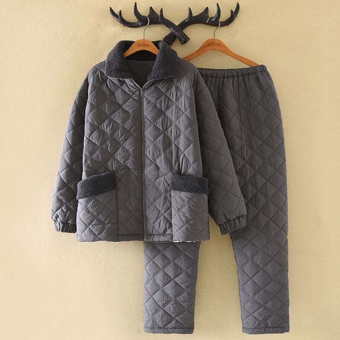 洛兰沙家居馆 2025新款只代发新款轻盈保暖夹棉睡衣女冬季防风防水三层加厚法兰绒保暖家居服套装 深灰