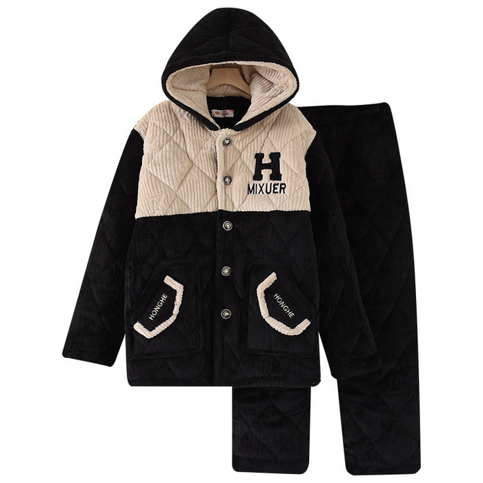 91家纺网 家纺一手货源 找家纺 洛兰沙家居馆 2025新款只代发深色睡衣男士秋冬季三层加厚珊瑚绒夹棉连帽法兰绒特厚大男孩家居服 黑色