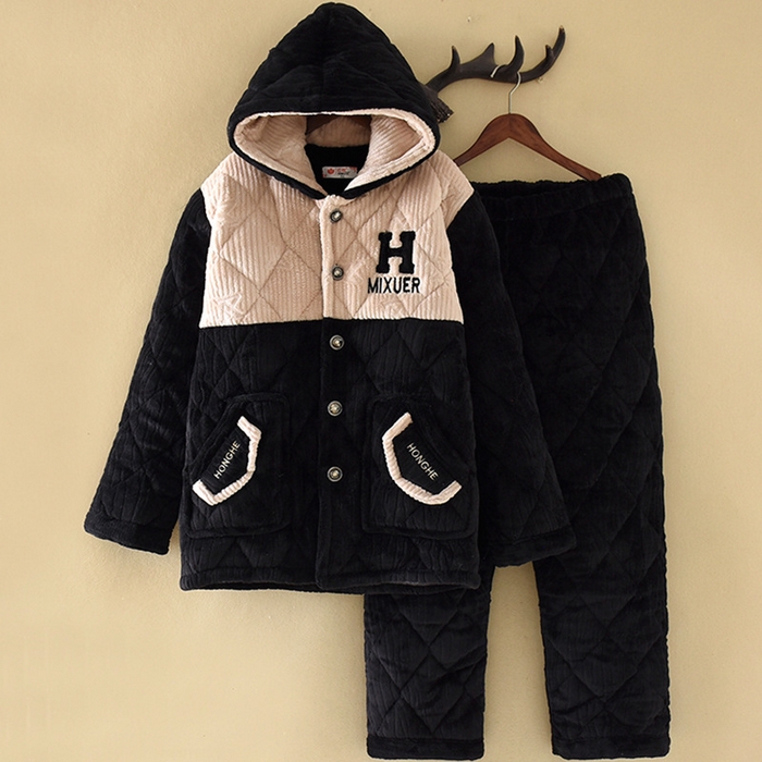 91家纺网 家纺一手货源 找家纺 洛兰沙家居馆 2025新款只代发深色睡衣男士秋冬季三层加厚珊瑚绒夹棉连帽法兰绒特厚大男孩家居服 黑色