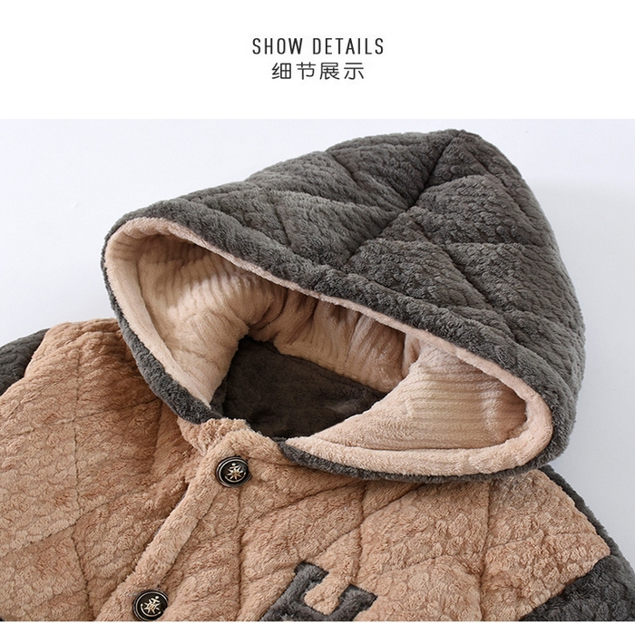 91家纺网 家纺一手货源 找家纺 洛兰沙家居馆 2025新款只代发深色睡衣男士秋冬季三层加厚珊瑚绒夹棉连帽法兰绒特厚大男孩家居服 灰色