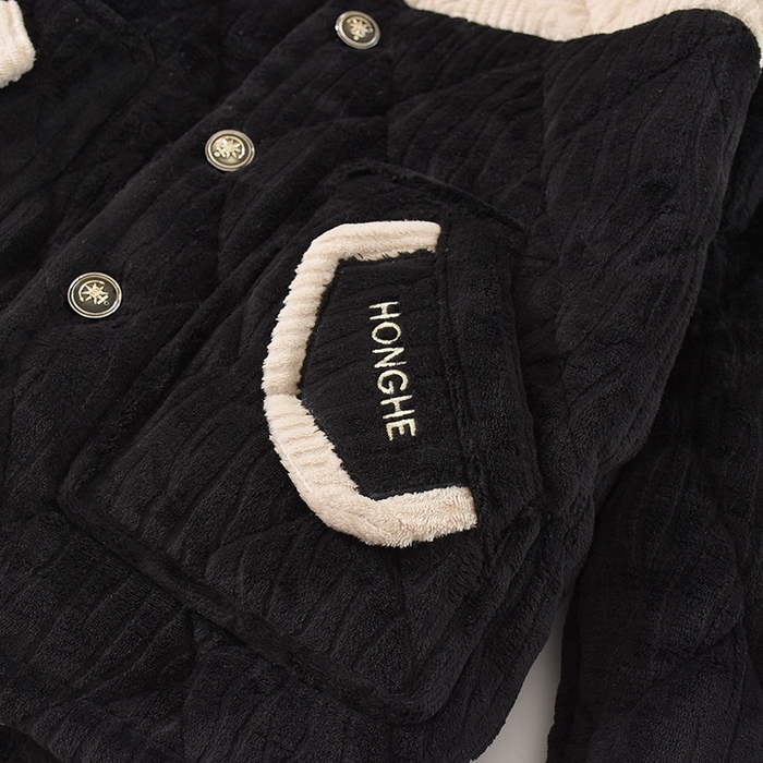 91家纺网 家纺一手货源 找家纺 洛兰沙家居馆 2025新款只代发深色睡衣男士秋冬季三层加厚珊瑚绒夹棉连帽法兰绒特厚大男孩家居服 黑色