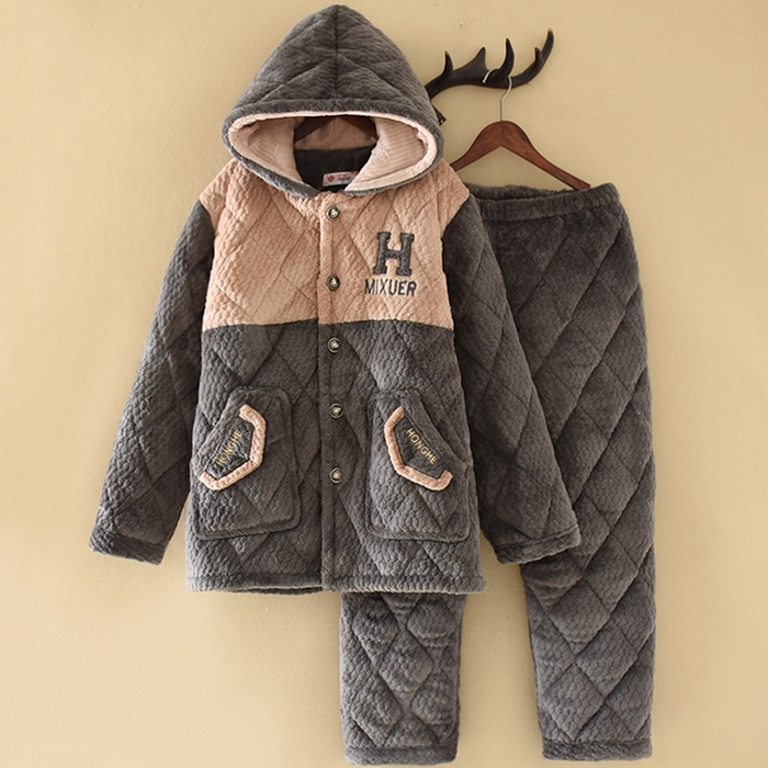 洛兰沙家居馆 2025新款只代发深色睡衣男士秋冬季三层加厚珊瑚绒夹棉连帽法兰绒特厚大男孩家居服 灰色