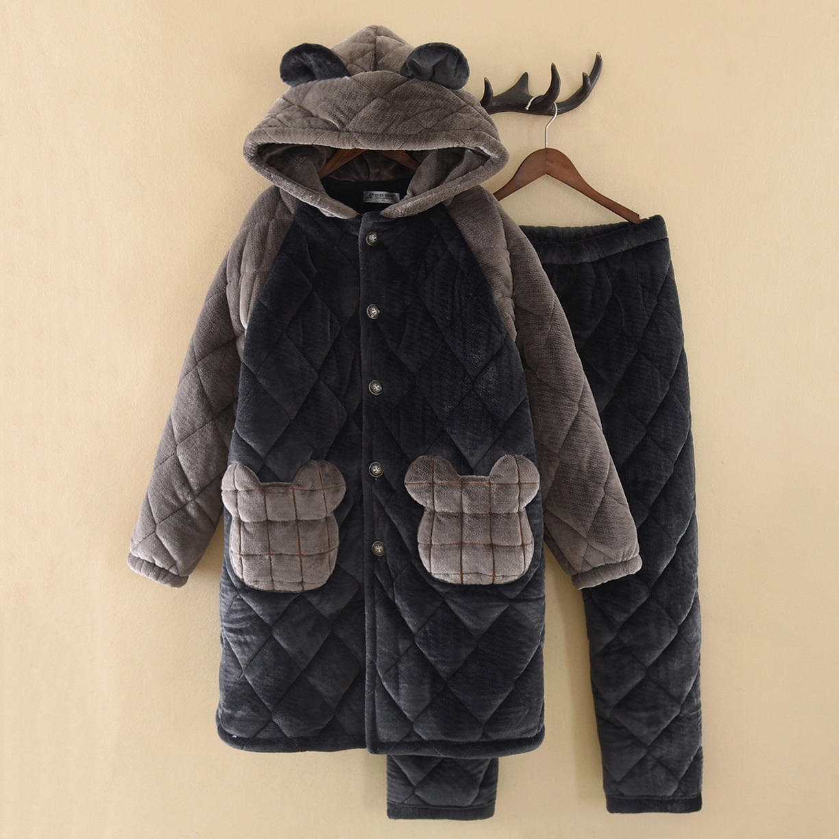 （总）洛兰沙家居馆 2025新款只代发连帽耳朵青年睡袍男士长裤夹棉法兰绒加厚加绒冬珊瑚绒浴袍家居服