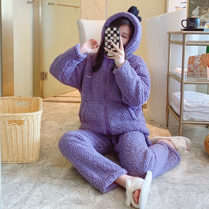 （总）洛兰沙家居馆 2025新款只代发羊羔绒睡衣女秋冬季加绒加厚保暖卡通可爱恐龙连帽家居服套装紫色